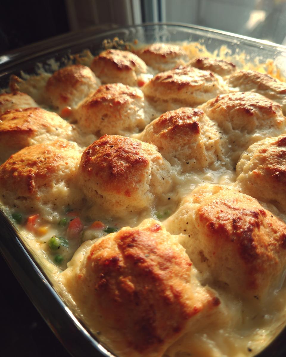 Close-up of golden brown biscuits topping a creamy chicken pot pie casserole with visible vegetables.