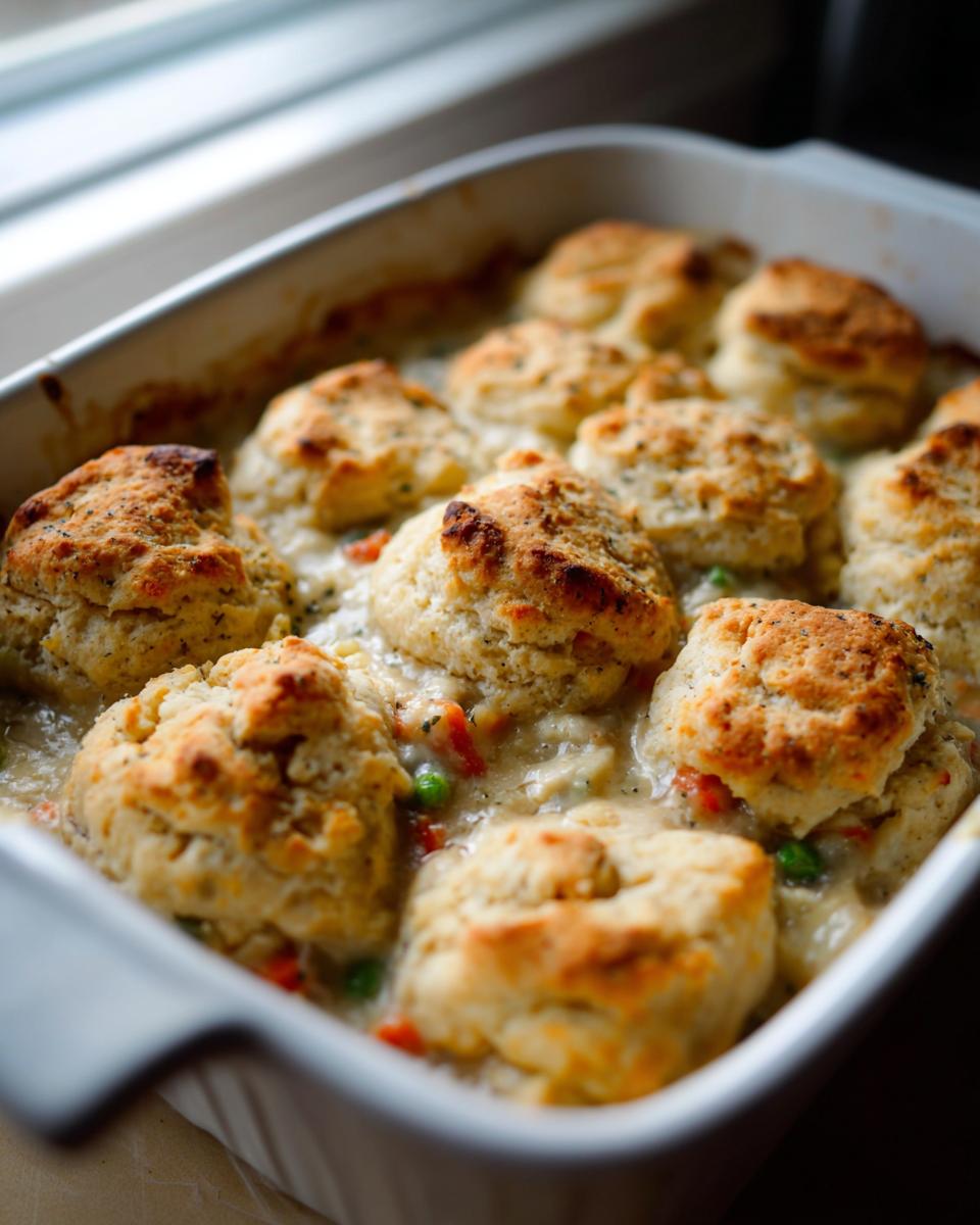 Close-up of baked pot pie casserole biscuits topping a creamy filling with peas and carrots.