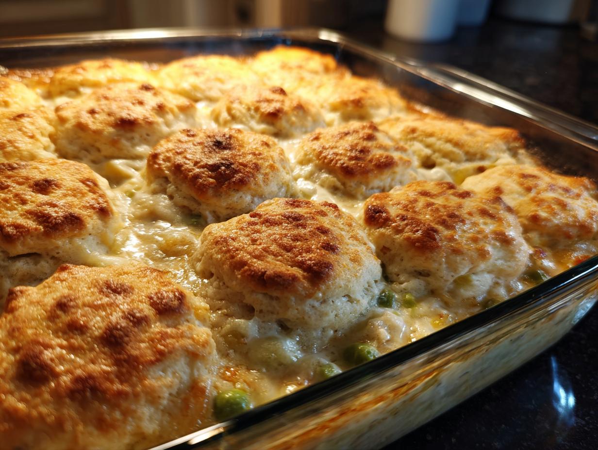 Close-up of bubbling pot pie casserole biscuits with golden tops baking in a clear glass dish.