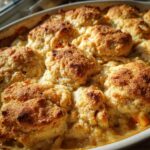 Close-up of golden brown, fluffy biscuits topping a bubbling pot pie casserole.