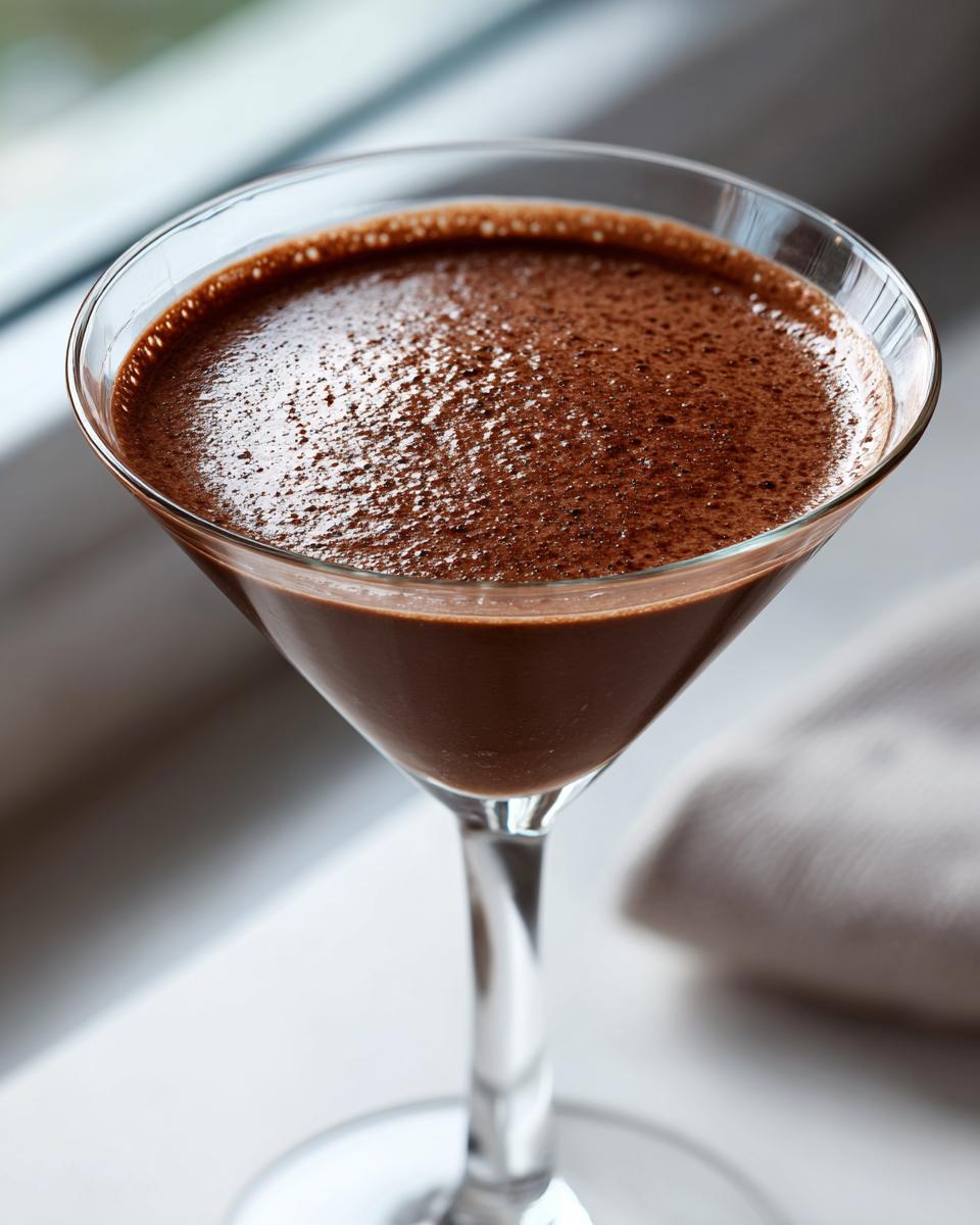Close-up of a frothy, rich brown chocolate martini served in a classic stemmed martini glass.