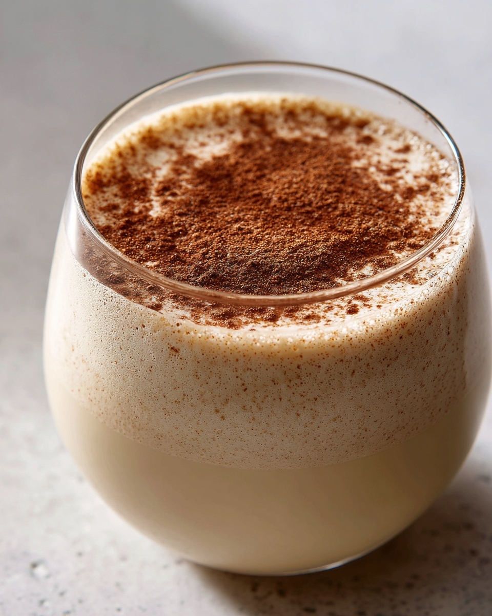 Close-up of creamy, frothy eggnog in a glass, heavily dusted with ground cinnamon.
