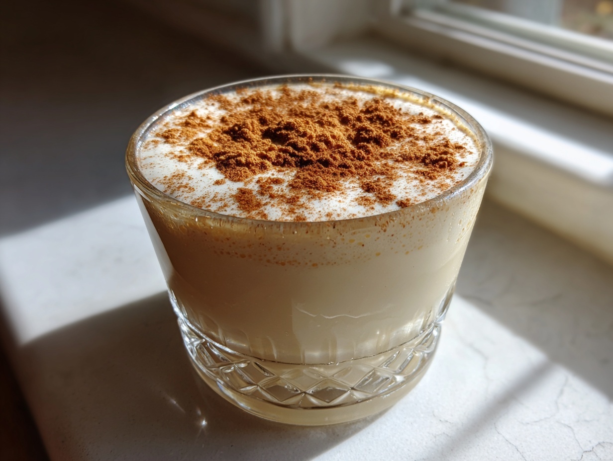 Close-up of a glass of creamy, homemade eggnog topped generously with ground cinnamon.