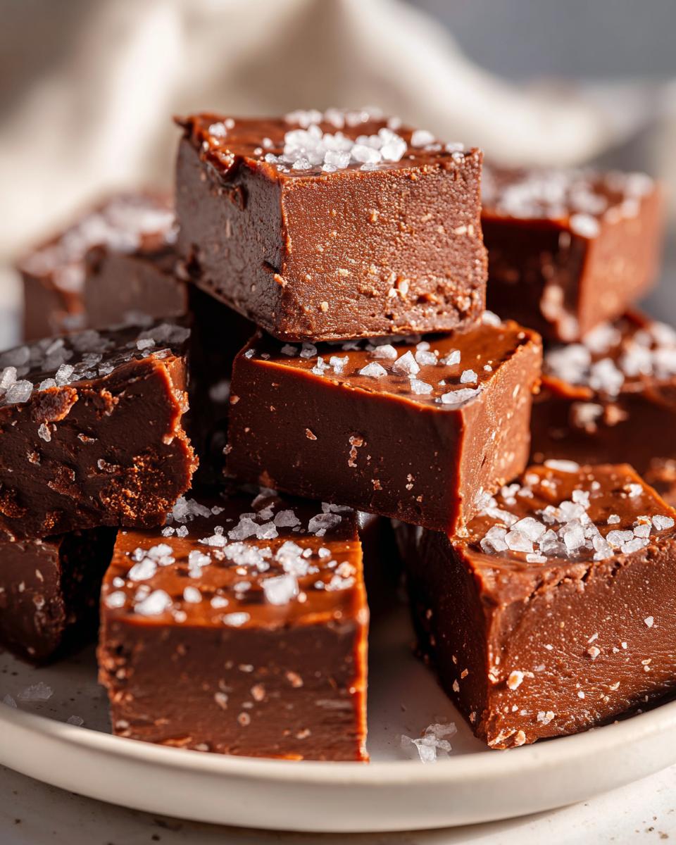 Close-up of rich, dark chocolate salted caramel fudge squares topped generously with flaky sea salt.