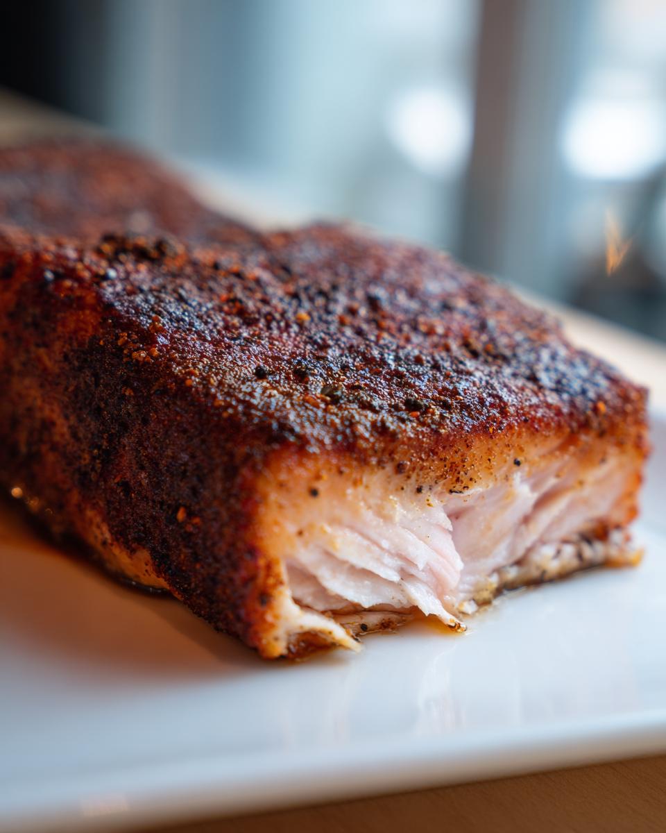 Close-up of a flaky salmon fillet coated heavily in blackened salmon seasoning, resting on a white plate.