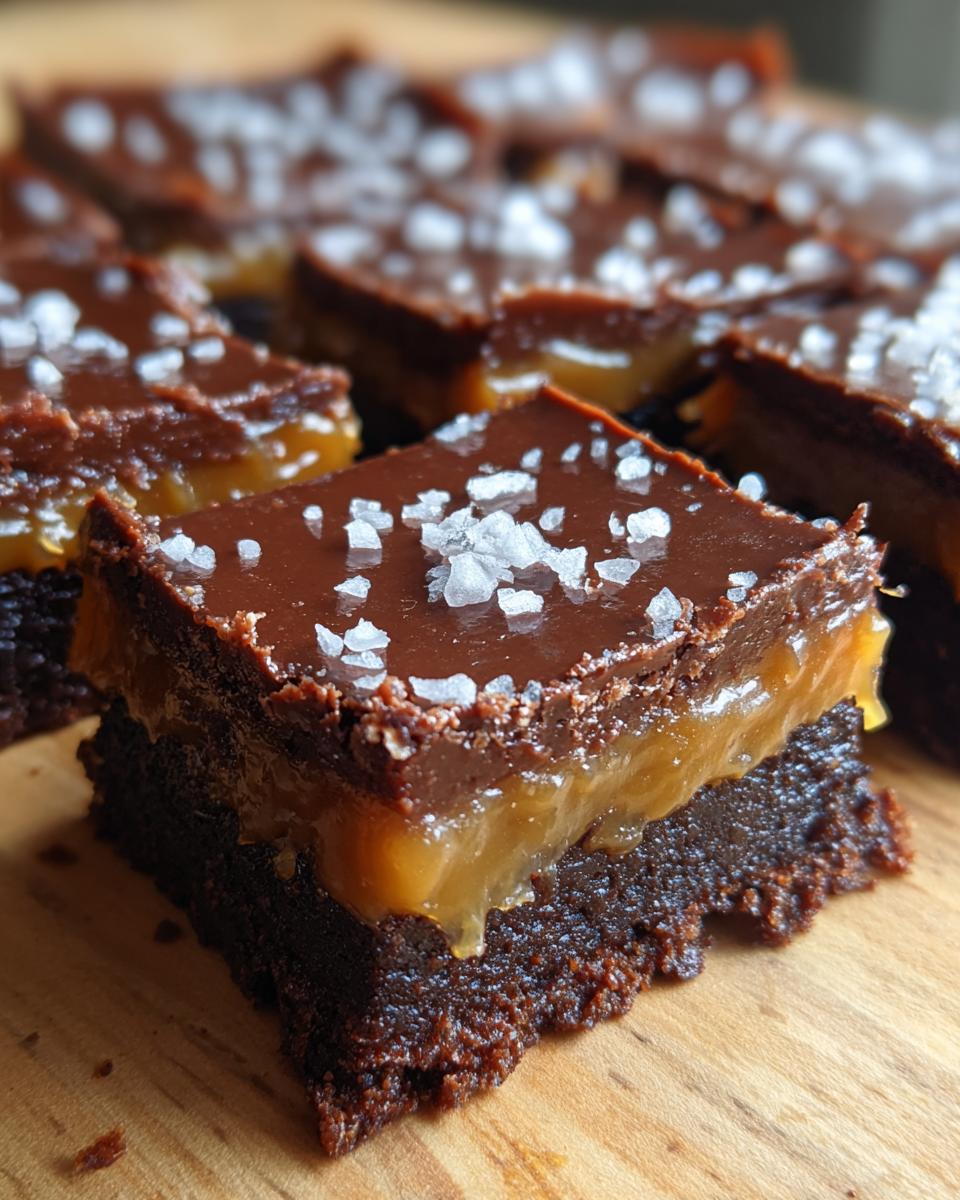 A close-up of a single square of salted caramel fudge bars showing a dark chocolate base, gooey caramel layer, and chocolate topping sprinkled with flaky sea salt.