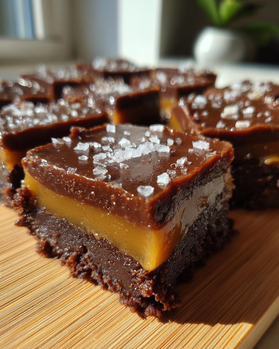 A close-up of a rich, layered salted caramel fudge bars topped with shiny chocolate ganache and flaky sea salt.