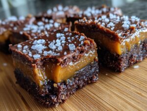 Close-up of rich, layered salted caramel fudge bars topped with chocolate ganache and flaky sea salt.