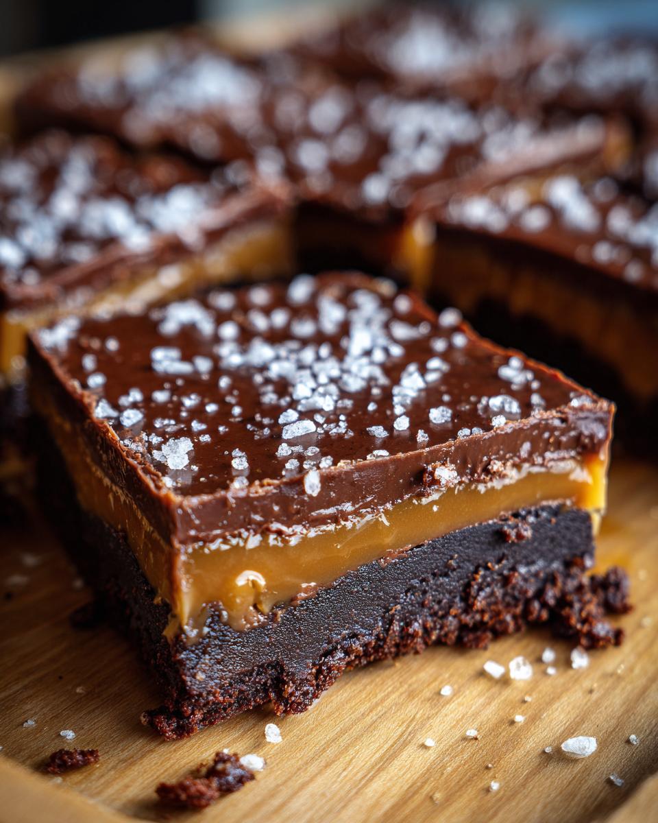 A single square of salted caramel fudge bars showing rich layers of chocolate, caramel, and flaky sea salt topping.