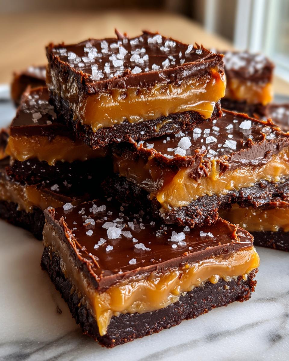 Close-up of stacked salted caramel fudge bars featuring a dark chocolate top layer sprinkled with flaky sea salt.