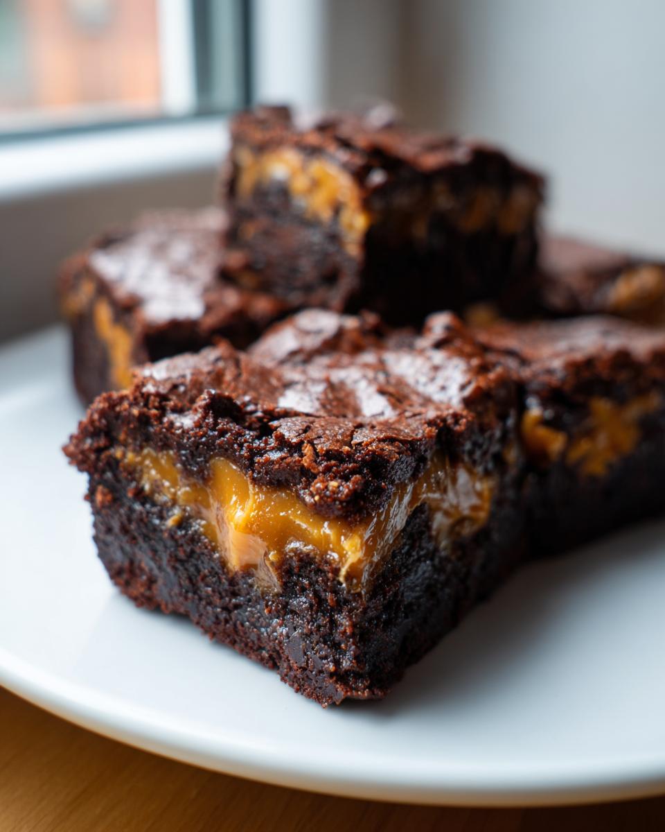 A close-up of a rich, dark chocolate salted caramel fudge brownies slice showing a gooey caramel layer.