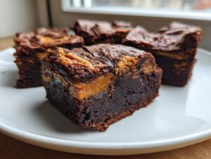 A close-up of a fudgy square of salted caramel fudge brownies with a gooey caramel swirl on top.