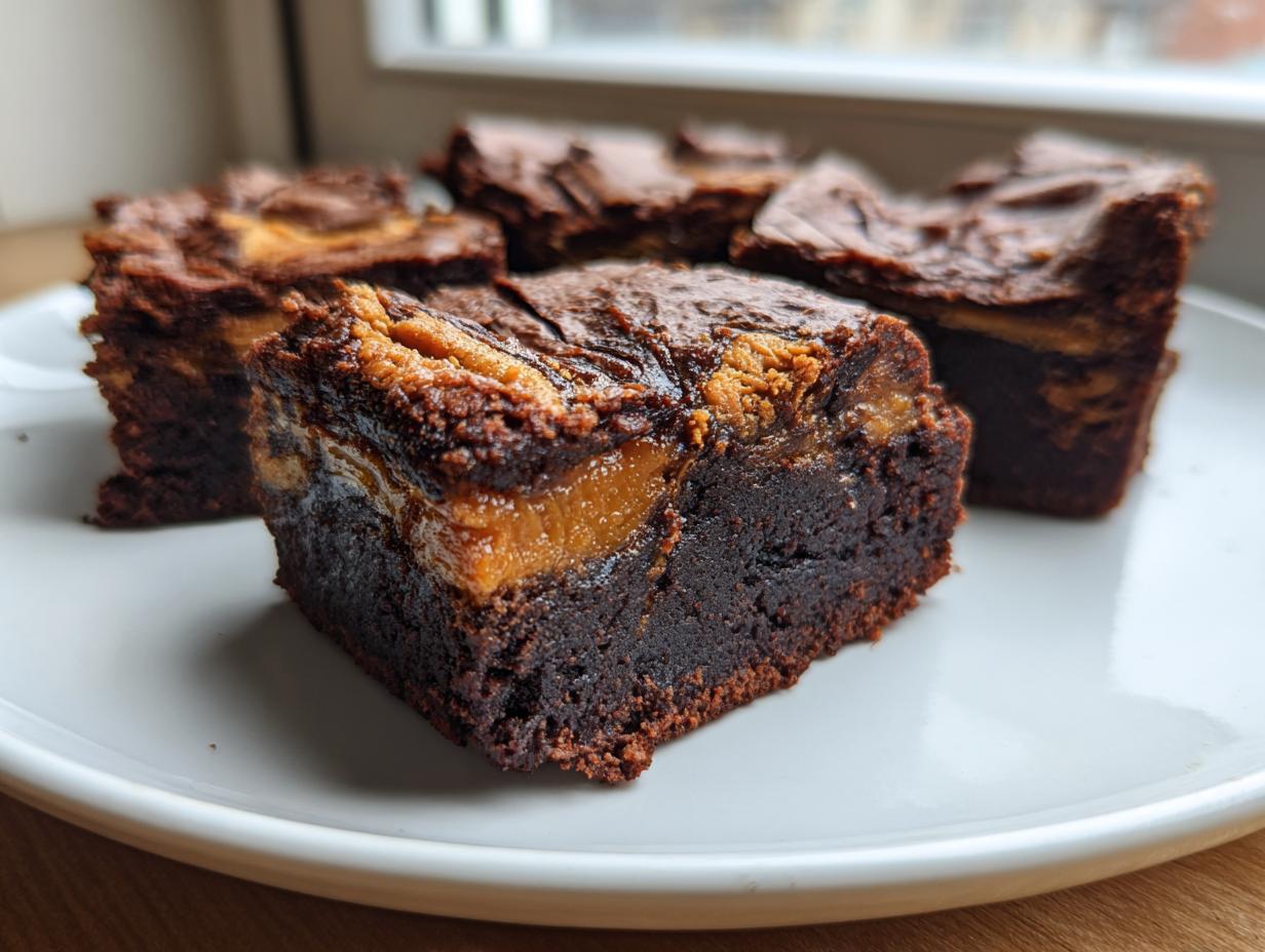 A close-up of a fudgy square of salted caramel fudge brownies with a gooey caramel swirl on top.
