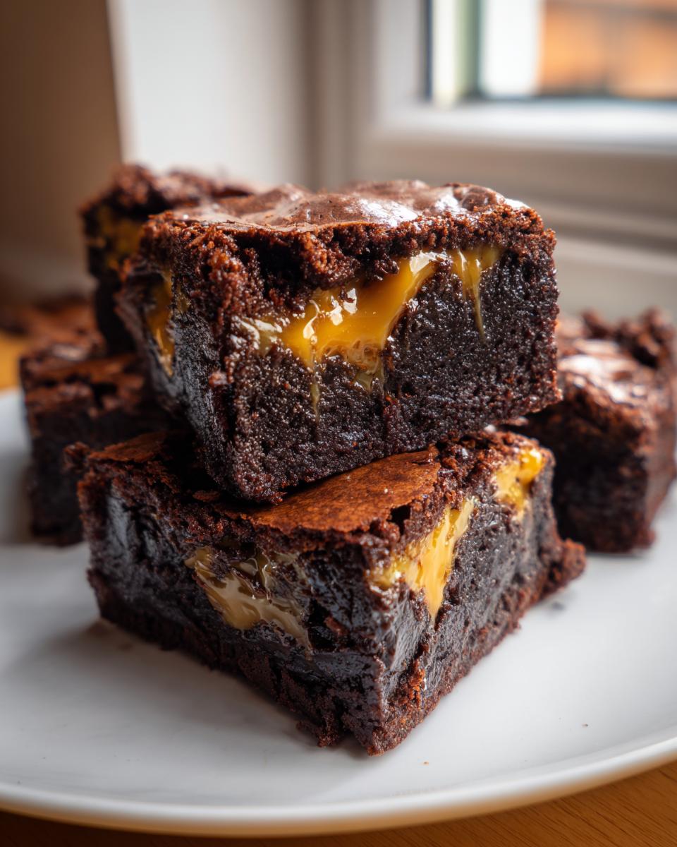 Close-up of rich, dark salted caramel fudge brownies stacked on a white plate, showing gooey caramel filling.
