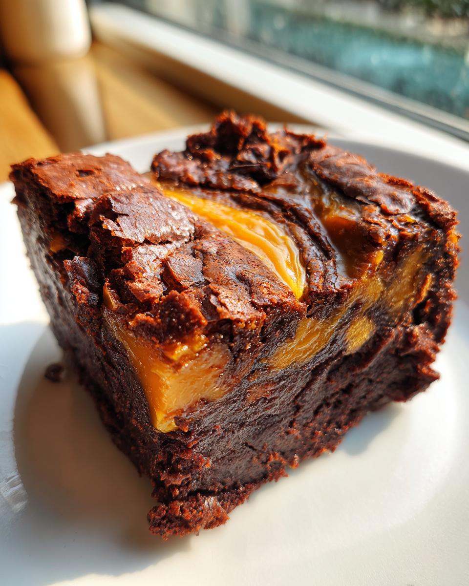A rich, dark chocolate slice of salted caramel fudge brownies with a gooey caramel swirl on a white plate.