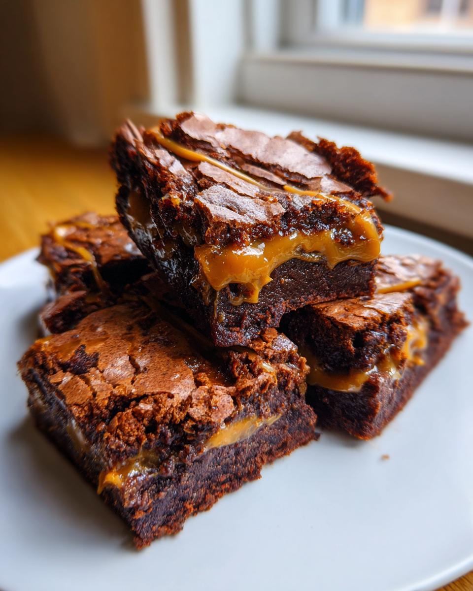 A stack of rich, dark chocolate salted caramel fudge brownies with a gooey caramel center.