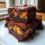 A stack of rich, fudgy salted caramel fudge brownies showing gooey caramel centers on a white plate.