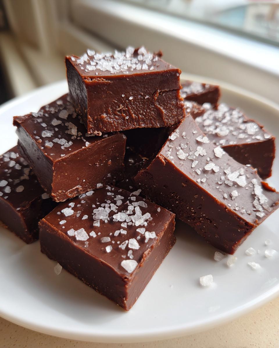 Close-up of rich, dark chocolate salted caramel fudge squares topped with coarse sea salt.