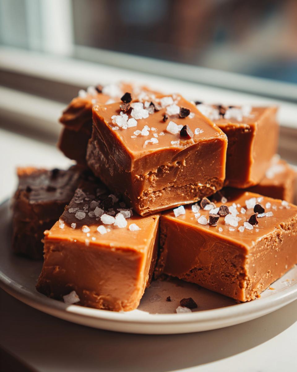 Close-up of rich, brown squares of salted caramel fudge topped with flaky sea salt.
