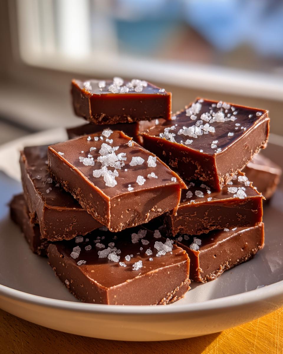Close-up of a stack of rich, dark chocolate salted caramel fudge pieces topped with flaky sea salt.