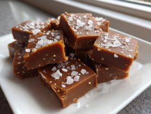 Close-up of rich brown salted caramel fudge squares topped generously with flaky sea salt.