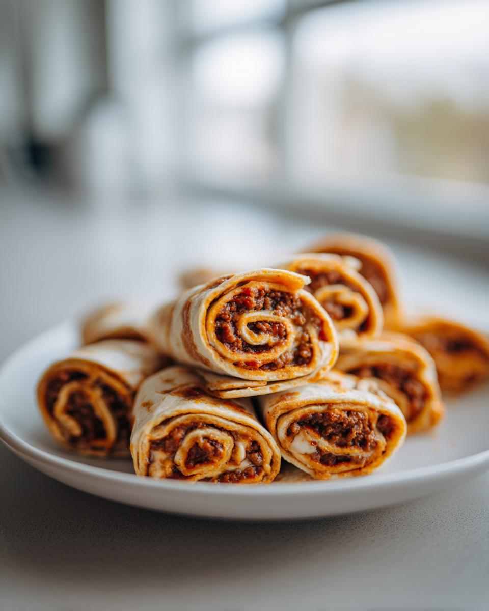 A plate piled high with freshly baked taco pinwheels showing the spiral of seasoned ground meat filling.