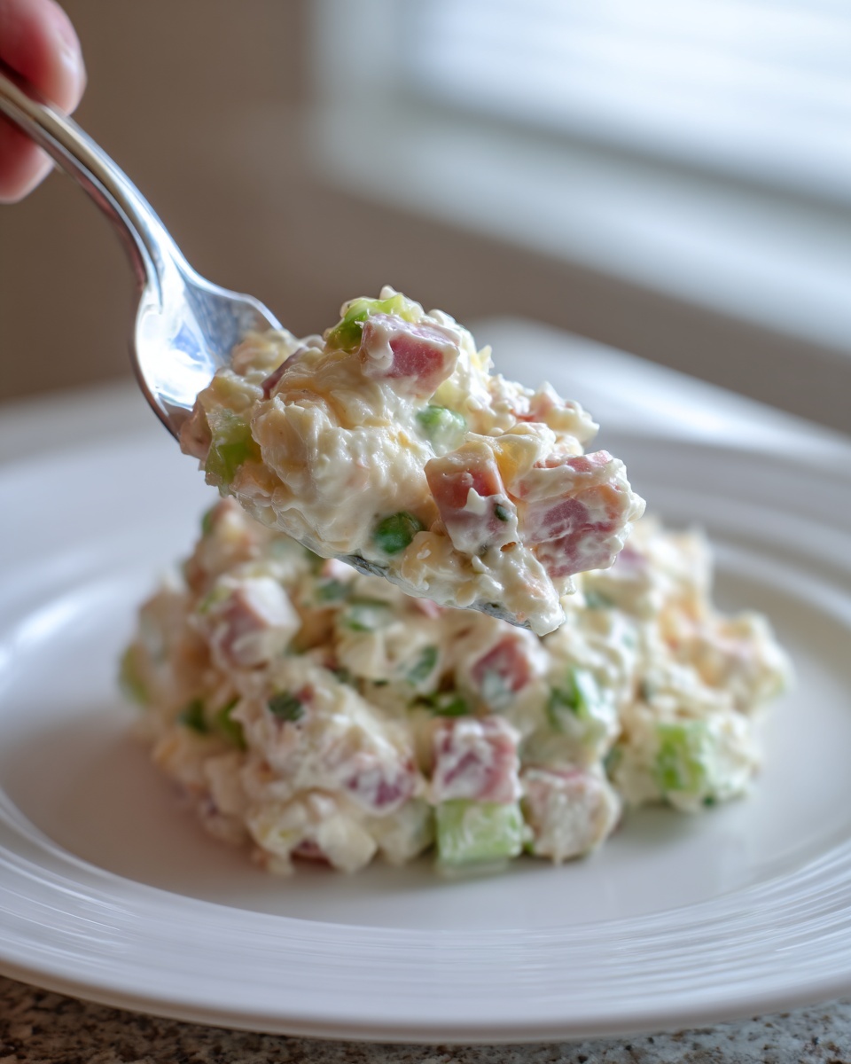 A spoonful of creamy ham salad recipe being lifted from a serving on a white plate.