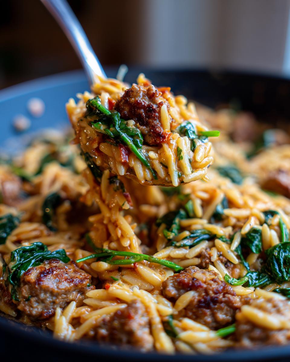 Close-up of a spoonful lifting creamy sausage orzo pasta mixed with wilted spinach from a dark pan.