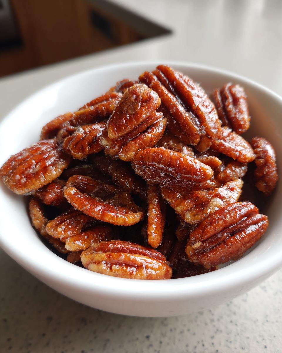 A small white bowl filled with glossy, caramelized candied pecans, ready to eat.