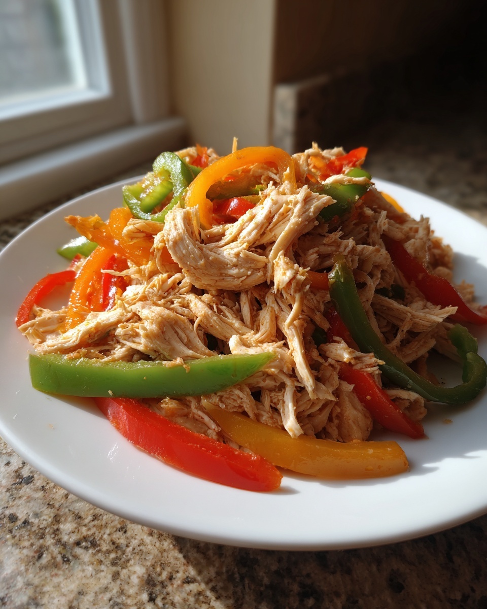 Shredded chicken mixed with colorful sliced bell peppers, ready for crockpot chicken fajitas.