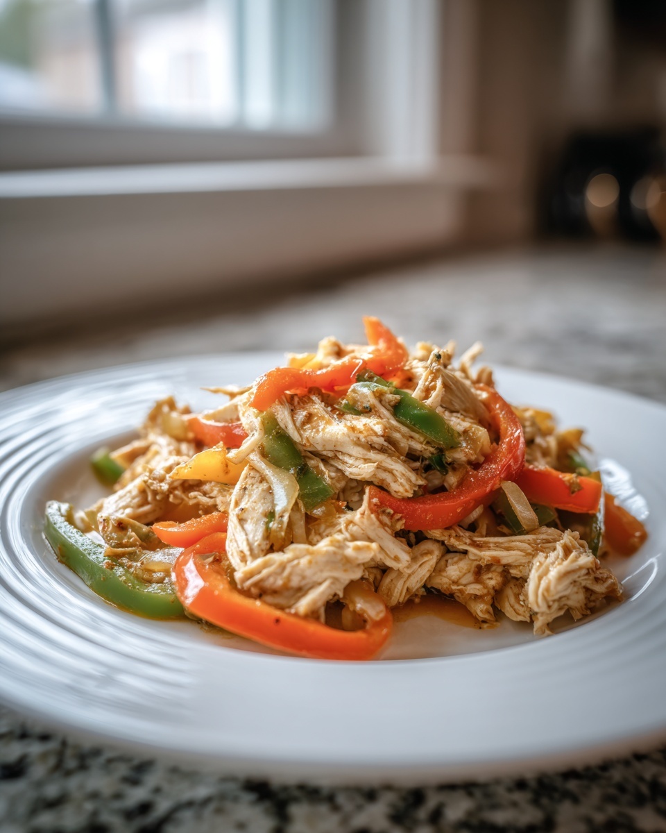 Shredded chicken mixed with colorful bell pepper strips, ready for crockpot chicken fajitas.