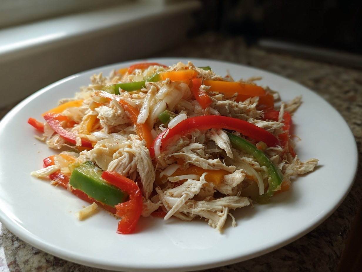 Shredded chicken mixed with colorful strips of red, green, and orange bell peppers, ready for crockpot chicken fajitas.