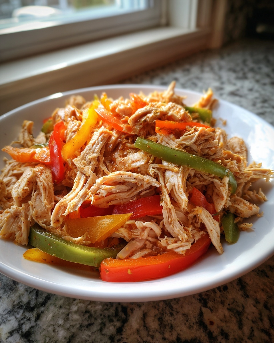 Shredded chicken mixed with colorful bell pepper strips for crockpot chicken fajitas in a white bowl.