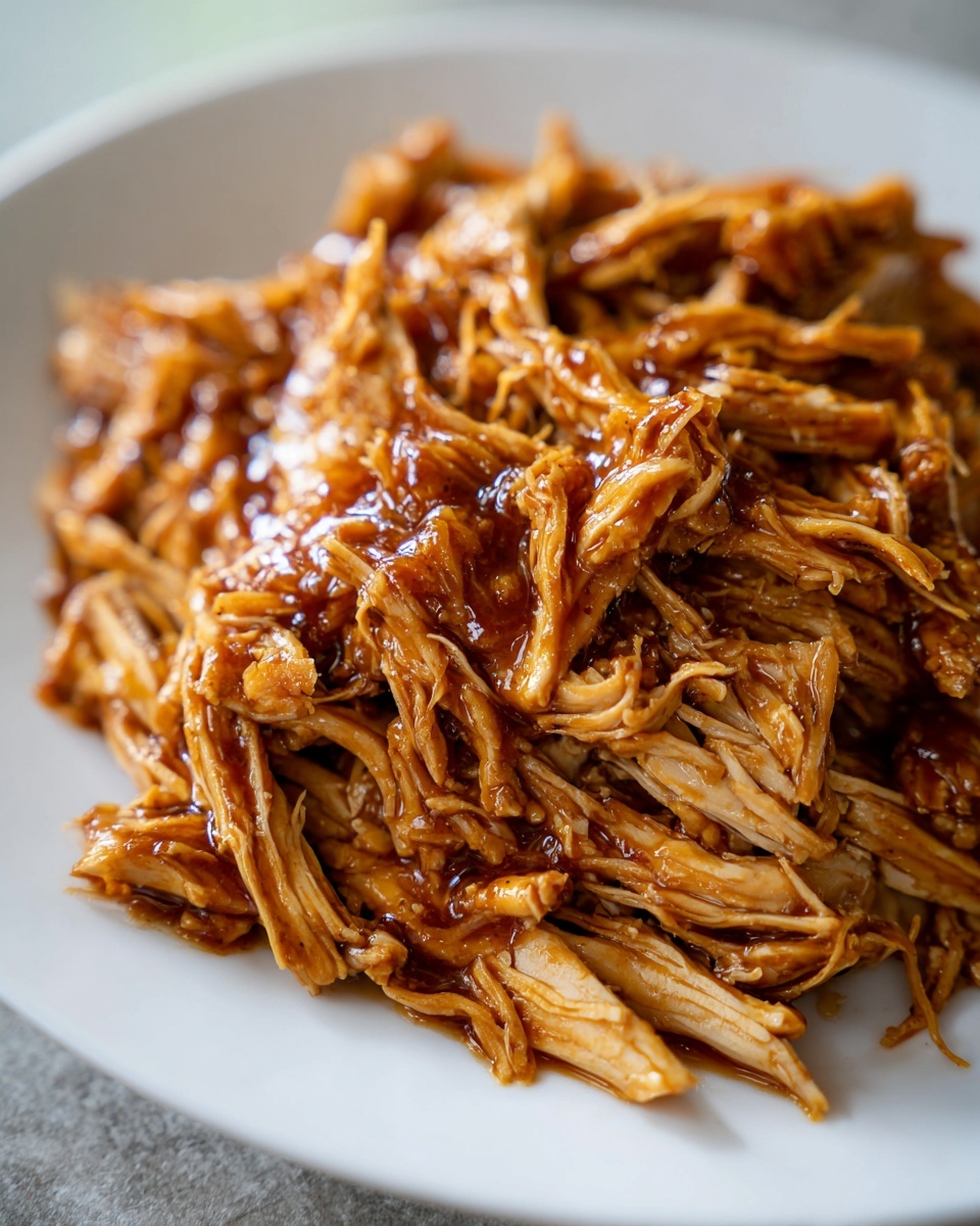Close-up of perfectly shredded crockpot teriyaki chicken coated in a thick, glossy sauce on a white plate.