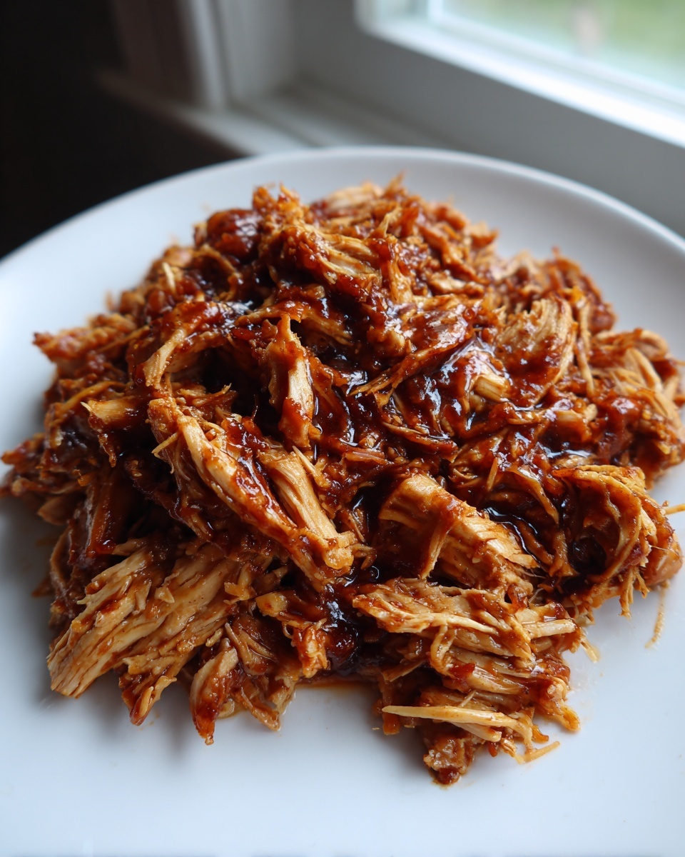 Close-up of shredded crockpot teriyaki chicken coated in a glossy sauce, served on a white plate.