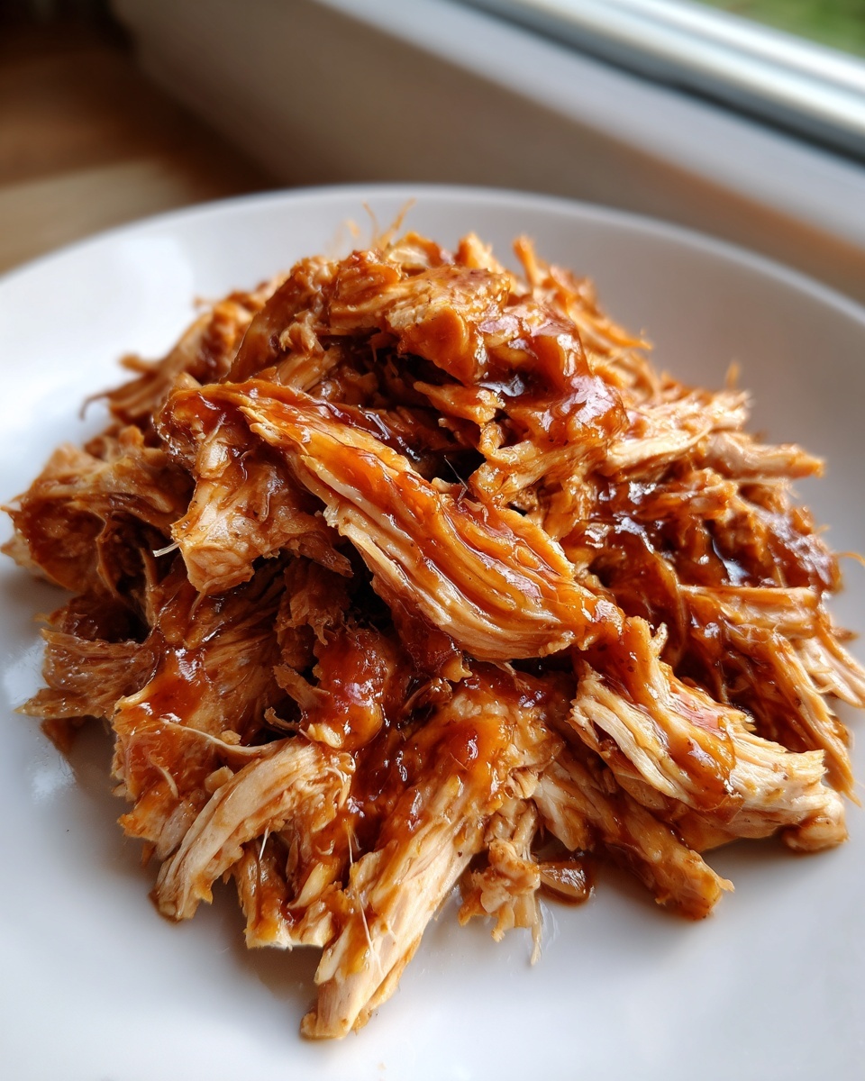 Close-up of shredded crockpot teriyaki chicken coated in glossy sauce served on a white plate.
