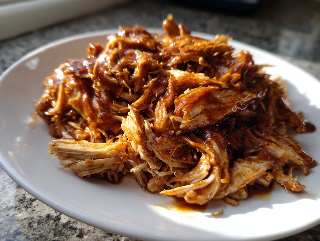 Close-up of shredded crockpot teriyaki chicken coated in rich, glossy sauce served on a white plate.