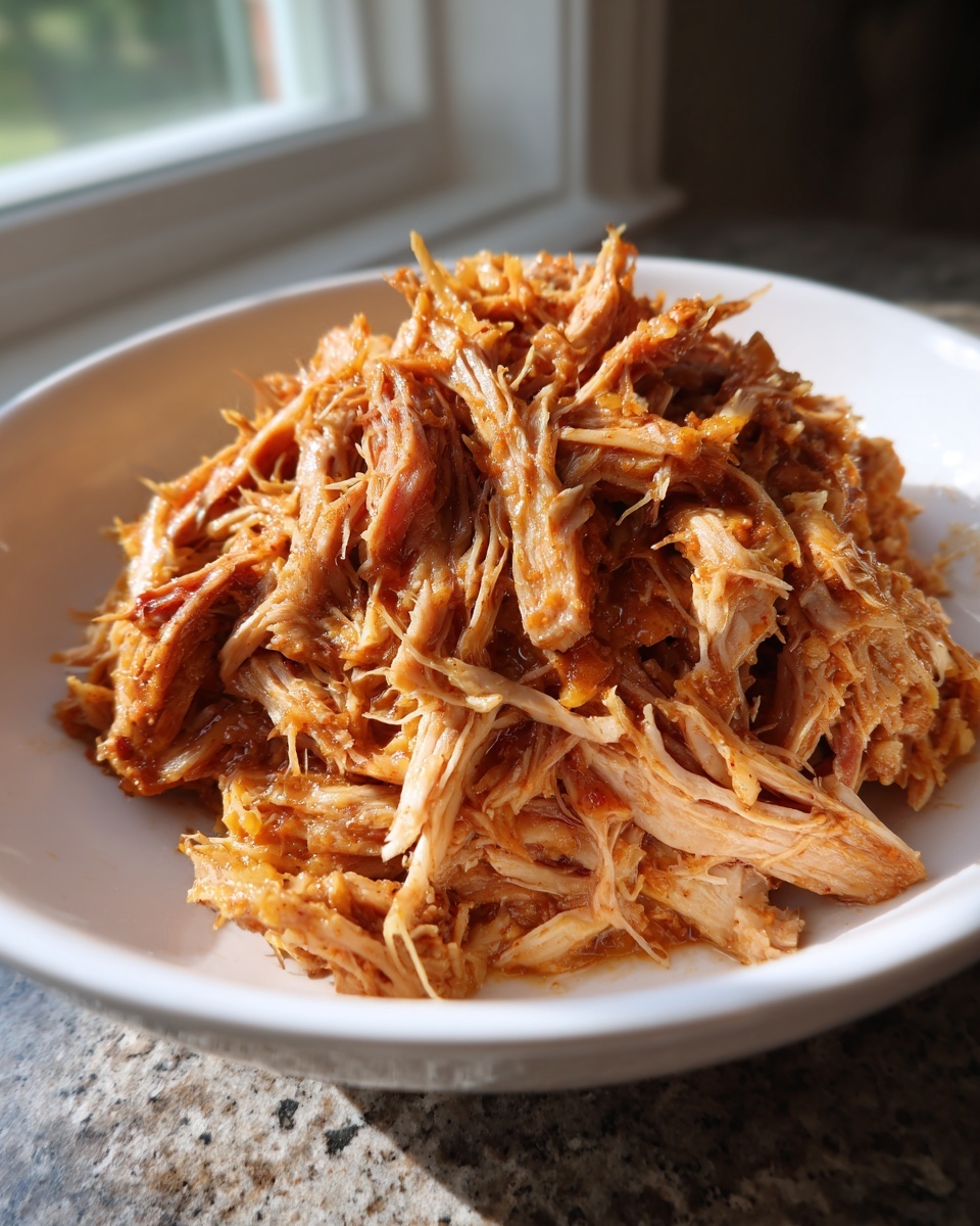Close-up of tender, shredded pork and sauerkraut mixture piled high in a white bowl.