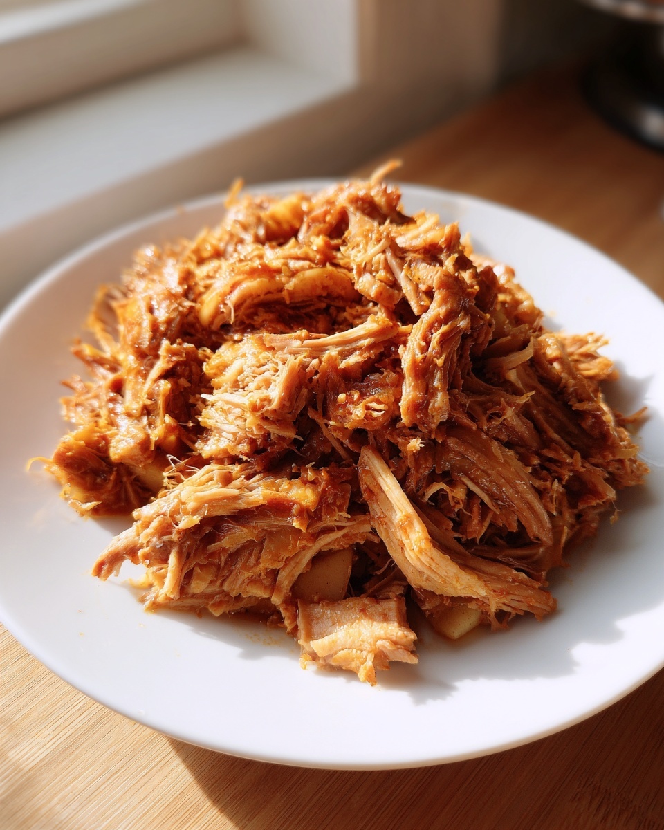 A mound of tender, shredded pork and sauerkraut mixture glistening on a white plate, highlighted by sunlight.