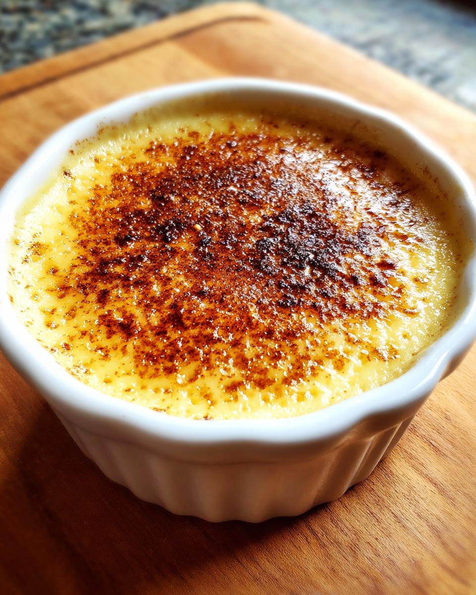 Close-up of a perfectly baked egg custard in a white ramekin with a dark, caramelized sugar crust.