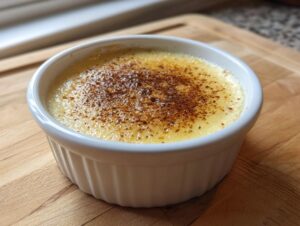 Close-up of a silky egg custard dessert in a white ramekin, topped with a dusting of cinnamon or nutmeg.