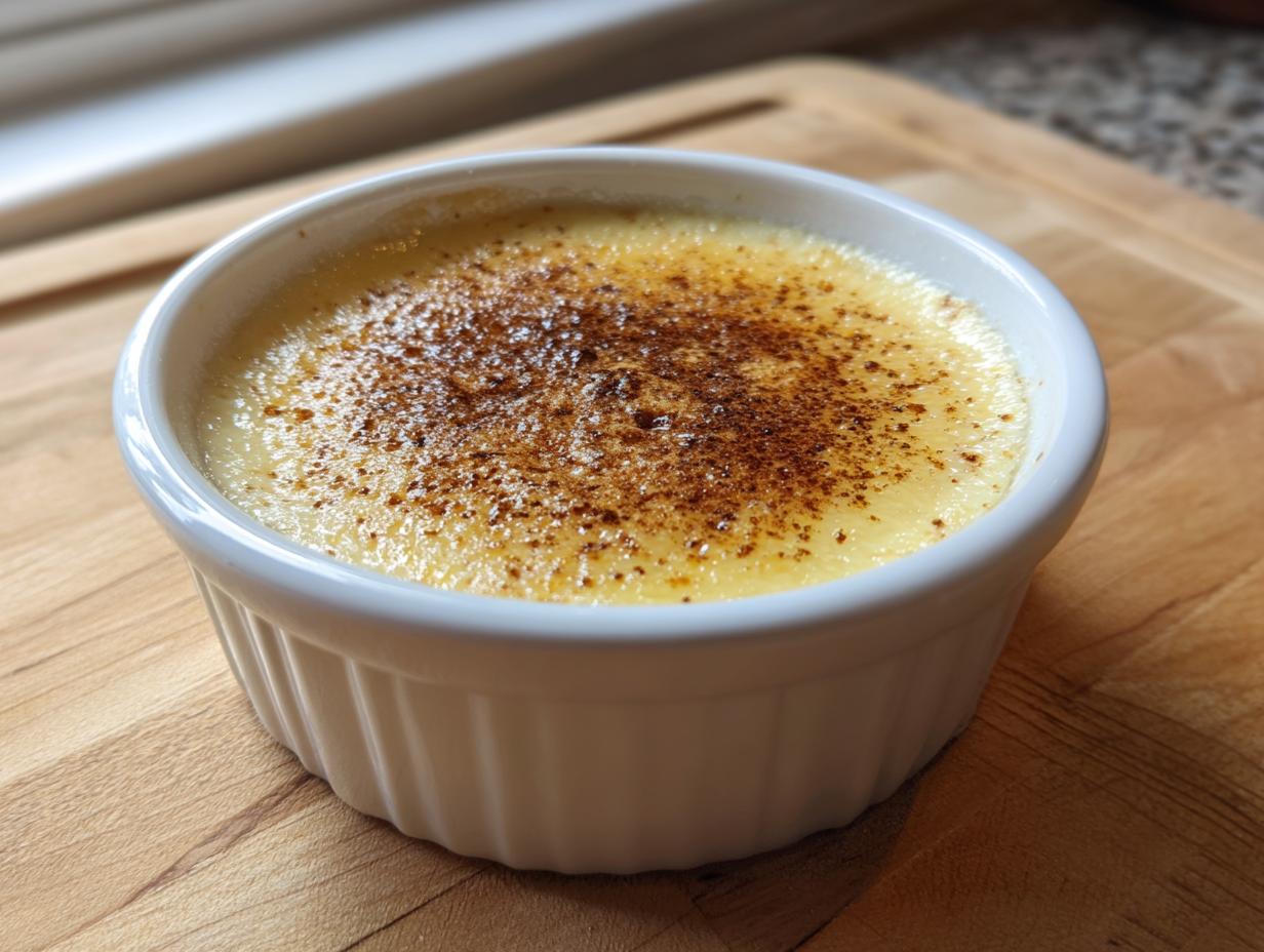 Close-up of a silky egg custard dessert in a white ramekin, topped with a dusting of cinnamon or nutmeg.
