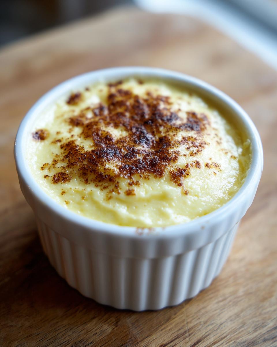 Close-up of a silky egg custard dessert in a white fluted ramekin, topped with browned spice.