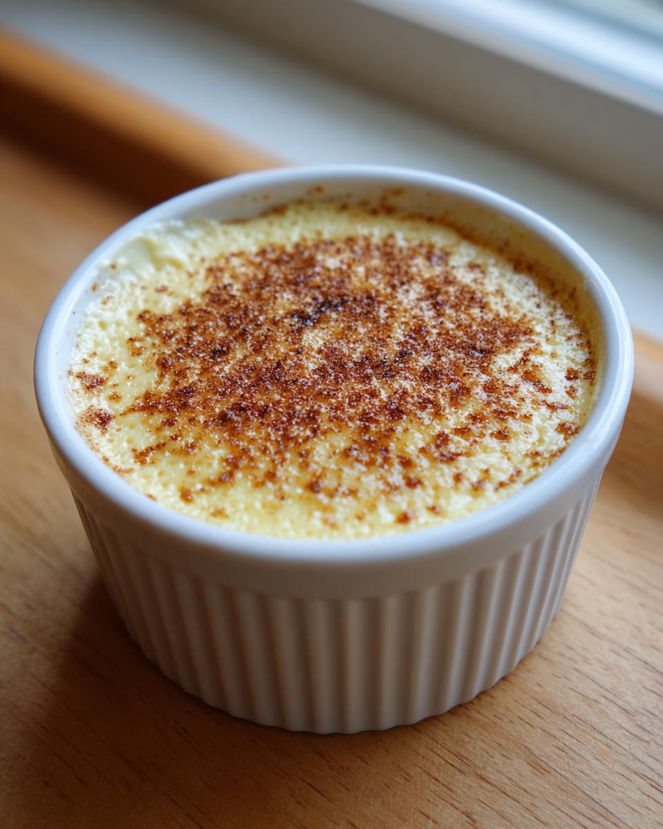 Close-up of a silky egg custard in a white ramekin with a perfectly caramelized sugar top.