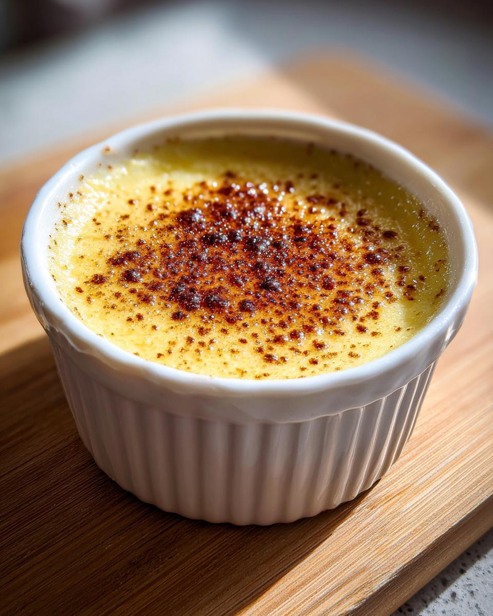 Close-up of a silky egg custard dessert in a white ramekin with a perfectly torched, caramelized sugar crust.