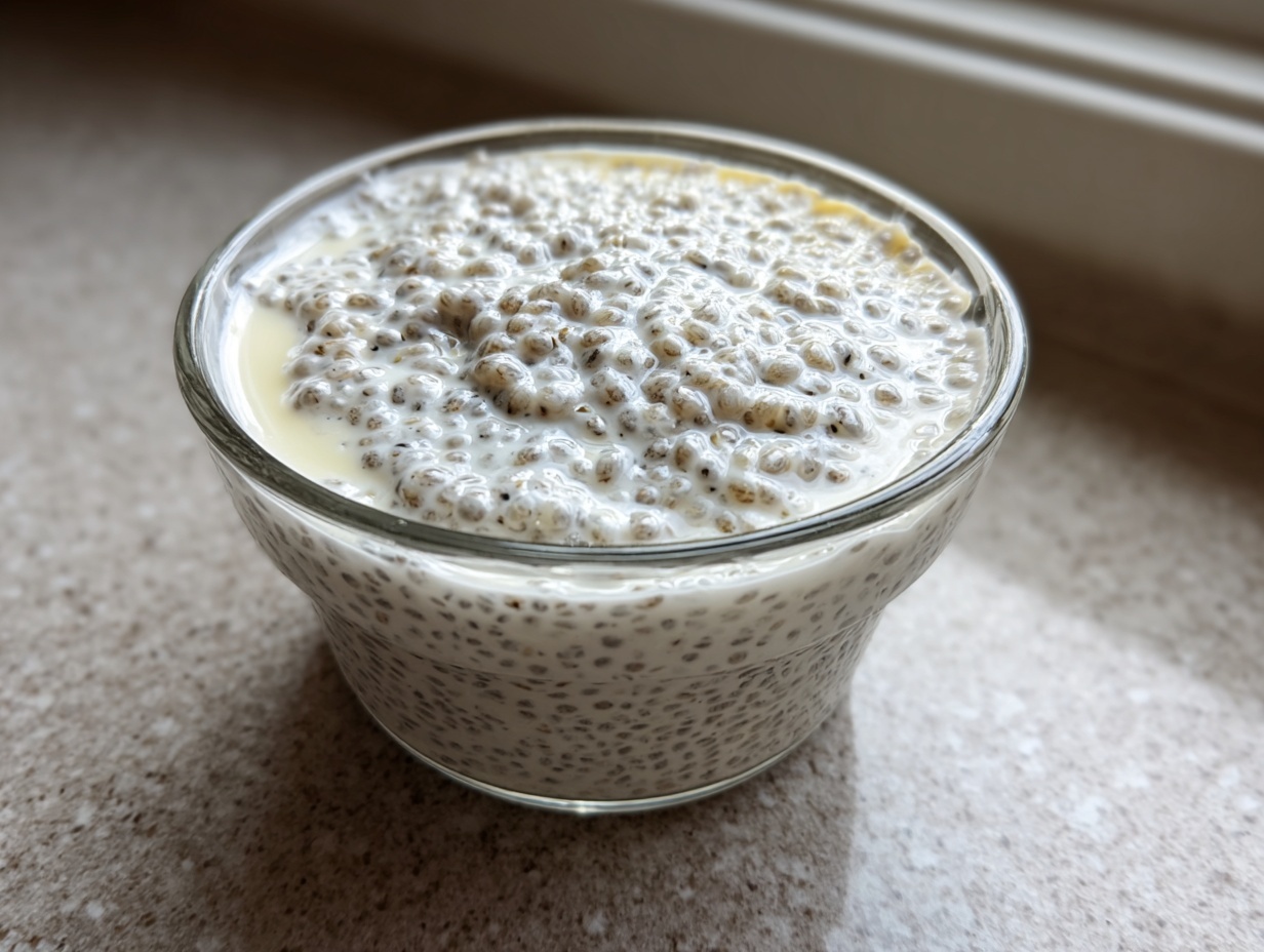 Close-up of a glass bowl filled with creamy, prepared chia pudding, showing the texture of soaked chia seeds.