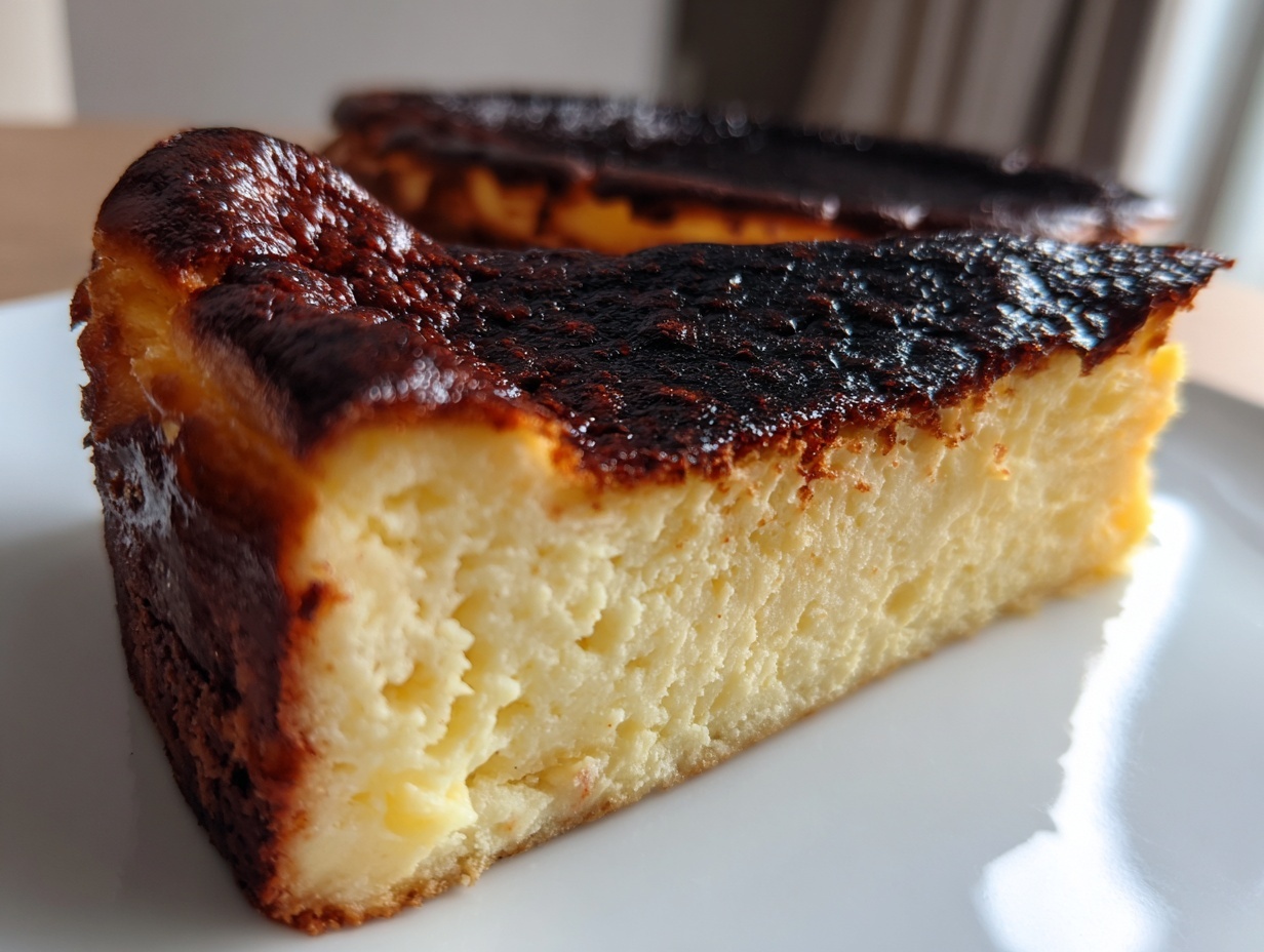Close-up of a thick slice of Basque cheesecake showing its creamy interior and signature dark, caramelized top.