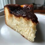 A close-up slice of creamy Basque cheesecake showing the signature dark, caramelized top and creamy interior.