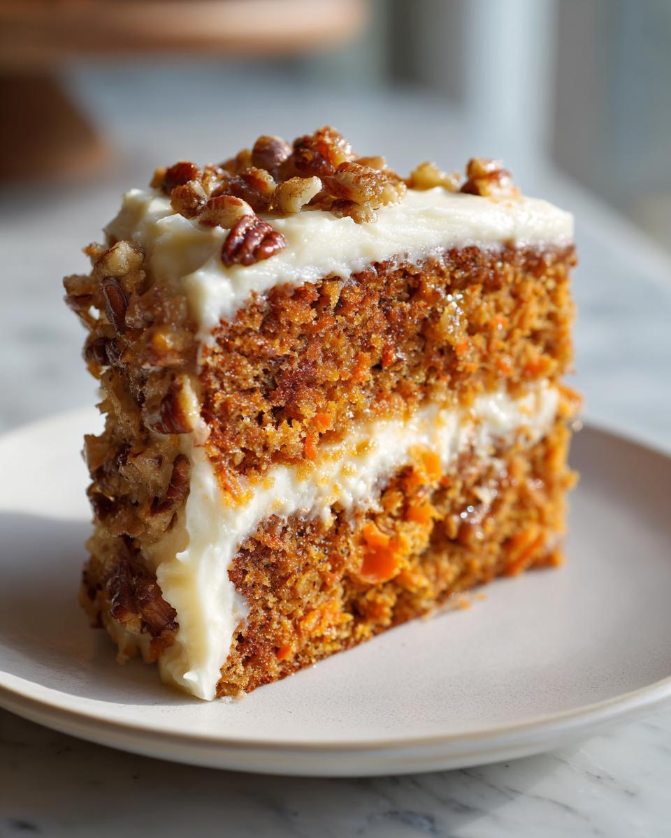 A tall slice of moist carrot cake with candied pecans and thick cream cheese frosting.