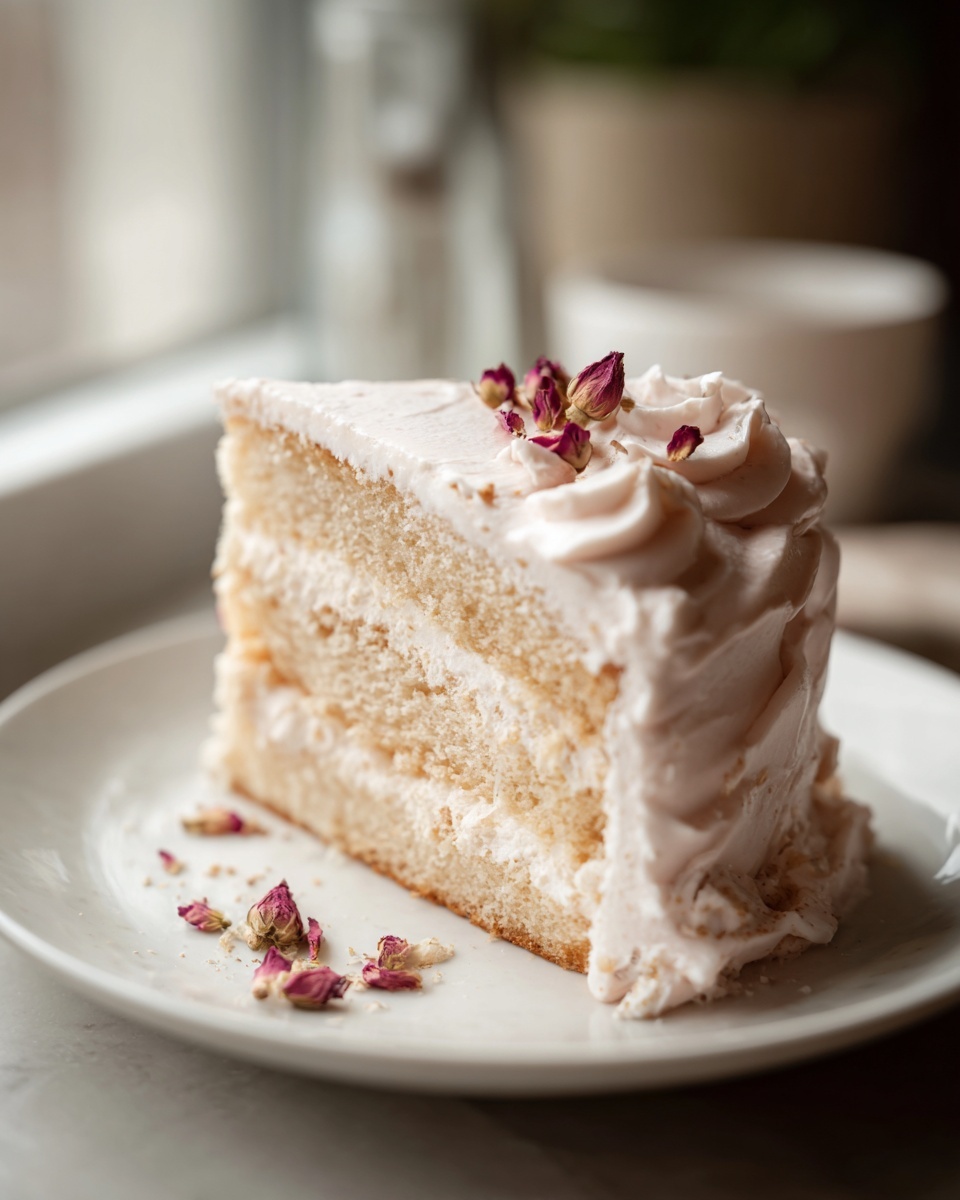 A decadent slice of layered rose cake with pale pink frosting, garnished with dried rosebuds.